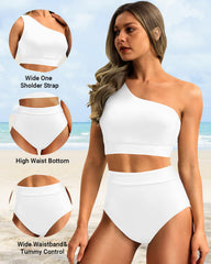 Emoswim - One Shoulder High Waisted Bikini Sets Two Piece Swimsuit Tummy Control-Pink