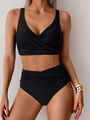 Emoswim - Women's High Waisted Bikini Sets Solid Pleated 2 Piece Swimsuits Sexy Beach Sets with Removable Pads