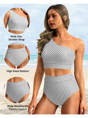 Emoswim - One Shoulder High Waisted Bikini Sets Two Piece Swimsuit Tummy Control-Black