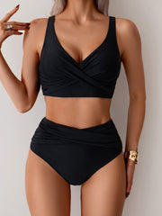 Emoswim - Women's High Waisted Bikini Sets Solid Pleated 2 Piece Swimsuits Sexy Beach Sets with Removable Pads