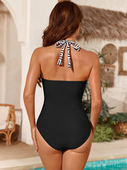 Emoswim - Women One Piece Swimsuit Leopard Splicing Halter V Neck Sexy Tummy Control Push Up Swimwear Back Tie Bathing Suit