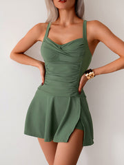 Emoswim - Women's Twisted Ruched Swim Dress Slit Strap Tankini Swimsuit