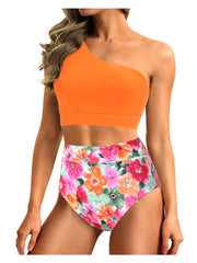 Emoswim - One Shoulder High Waisted Bikini Sets Two Piece Swimsuit Tummy Control-Black