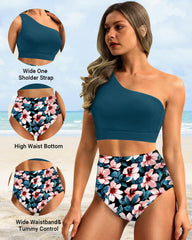 Emoswim - One Shoulder High Waisted Bikini Sets Two Piece Swimsuit Tummy Control-Pink