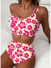Emoswim - Women's High Waisted Bikini Sets One Shoulder Floral Print Swimsuits 2 piece Tummy Control Bathing Suits