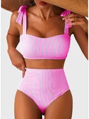 Emoswim - Women's Tie Shoulder Bikini Sets 2 Piece Striped Swimsuits High Waisted Bathing Suits