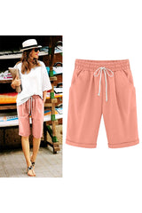 Emoswim - Women's Elastic Waist Knee Length Casual Cotton Bermuda Shorts with Drawstring