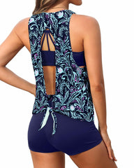 Emoswim - Women's 3 Piece Scoop Neck Criss Cross Tankini Swimsuits-Teal