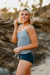 Emoswim - Tie Front Blouson Swim Tankini In Navy Blue