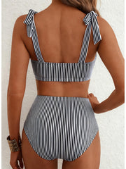 Emoswim - Women's Tie Shoulder Bikini Sets 2 Piece Striped Swimsuits High Waisted Bathing Suits
