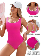 Emoswim - Women's One Piece Swimsuit Sports Adjustable Strap Bathing Suit Color Block Ribbed High Cut Swimsuits