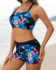 Emoswim - Women's 3 Piece Scoop Neck Criss Cross Tankini Swimsuits-Teal
