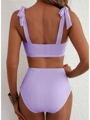 Emoswim - Women's Tie Shoulder Bikini Sets 2 Piece Striped Swimsuits High Waisted Bathing Suits