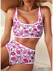 Emoswim - Women's Bikini Sets Floral Print Whip Stitch 2 Piece Swimsuits High Waisted Scoop Bathing Suits