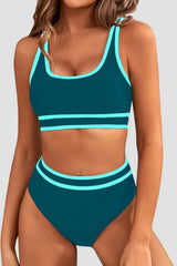 Emoswim - Women's High Waisted Bikini Sets Sporty Two Piece Swimsuits Color Block Cheeky High Cut Bathing Suits