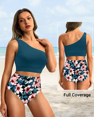Emoswim - One Shoulder High Waisted Bikini Sets Two Piece Swimsuit Tummy Control-Pink