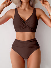 Emoswim - Women's High Waisted Bikini Sets Solid Pleated 2 Piece Swimsuits Sexy Beach Sets with Removable Pads
