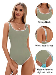 Emoswim - Women's One Piece Swimsuit Sports Adjustable Strap Bathing Suit Color Block Ribbed High Cut Swimsuits