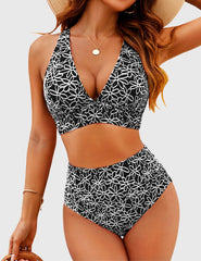 Emoswim - Women Embroidery Print High Waisted Bikini Sets V Neck Tummy Control Bathing Suit Two Piece Curvy Swimsuits