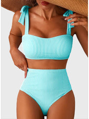 Emoswim - Women's Tie Shoulder Bikini Sets 2 Piece Striped Swimsuits High Waisted Bathing Suits