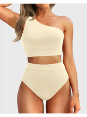 Emoswim - One Shoulder High Waisted Bikini Sets Two Piece Swimsuit Tummy Control-Black