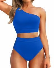 Emoswim - One Shoulder High Waisted Bikini Sets Two Piece Swimsuit Tummy Control-Pink