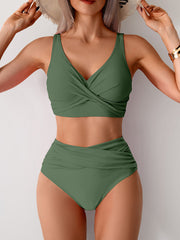 Emoswim - Women's High Waisted Bikini Sets Solid Pleated 2 Piece Swimsuits Sexy Beach Sets with Removable Pads