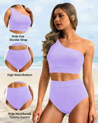 Emoswim - One Shoulder High Waisted Bikini Sets Two Piece Swimsuit Tummy Control-Pink