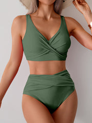 Emoswim - Women's High Waisted Bikini Sets Solid Pleated 2 Piece Swimsuits Sexy Beach Sets with Removable Pads
