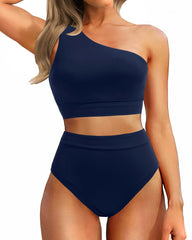 Emoswim - One Shoulder High Waisted Bikini Sets Two Piece Swimsuit Tummy Control-Pink