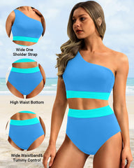 Emoswim - One Shoulder High Waisted Bikini Sets Two Piece Swimsuit Tummy Control-Pink