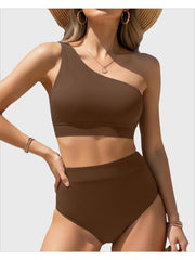 Emoswim - One Shoulder High Waisted Bikini Sets Two Piece Swimsuit Tummy Control-Black