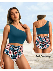 Emoswim - One Shoulder High Waisted Bikini Sets Two Piece Swimsuit Tummy Control-Black