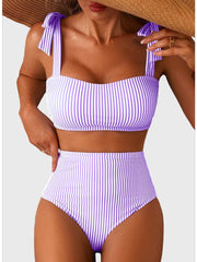 Emoswim - Women's Tie Shoulder Bikini Sets 2 Piece Striped Swimsuits High Waisted Bathing Suits