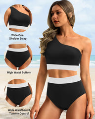 Emoswim - One Shoulder High Waisted Bikini Sets Two Piece Swimsuit Tummy Control-Pink