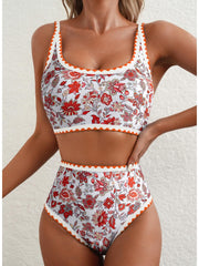 Emoswim - Women's Bikini Sets Floral Print Whip Stitch 2 Piece Swimsuits High Waisted Scoop Bathing Suits