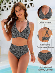 Emoswim - Women Embroidery Print High Waisted Bikini Sets V Neck Tummy Control Bathing Suit Two Piece Curvy Swimsuits