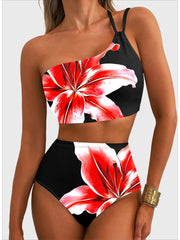 Emoswim - Women's High Waisted Bikini Sets One Shoulder Floral Print Swimsuits 2 piece Tummy Control Bathing Suits