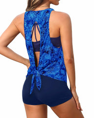 Emoswim - Women's 3 Piece Scoop Neck Criss Cross Tankini Swimsuits-Teal
