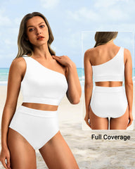 Emoswim - One Shoulder High Waisted Bikini Sets Two Piece Swimsuit Tummy Control-Pink