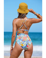 Emoswim - Beach Floral Colorblock Print Low-cut Slim One Piece Tummy control Swimsuit