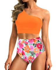 Emoswim - One Shoulder High Waisted Bikini Sets Two Piece Swimsuit Tummy Control-Pink