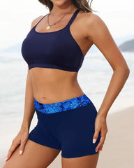 Emoswim - Women's 3 Piece Scoop Neck Criss Cross Tankini Swimsuits-Teal