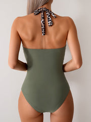 Emoswim - Women One Piece Swimsuit Leopard Splicing Halter V Neck Sexy Tummy Control Push Up Swimwear Back Tie Bathing Suit