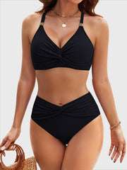 Emoswim - Women's High Waisted Bikini Sets Matel Tummy Control Swimsuits V Neck Twist Front Bathing Suit