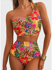 Emoswim - Women's High Waisted Bikini Sets One Shoulder Floral Print Swimsuits 2 piece Tummy Control Bathing Suits
