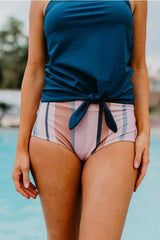 Emoswim - Tie Front Blouson Swim Tankini In Navy Blue
