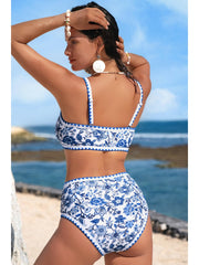 Emoswim - Women's Bikini Sets Floral Print Whip Stitch 2 Piece Swimsuits High Waisted Scoop Bathing Suits