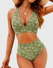 Emoswim - Women Embroidery Print High Waisted Bikini Sets V Neck Tummy Control Bathing Suit Two Piece Curvy Swimsuits