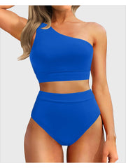 Emoswim - One Shoulder High Waisted Bikini Sets Two Piece Swimsuit Tummy Control-Black